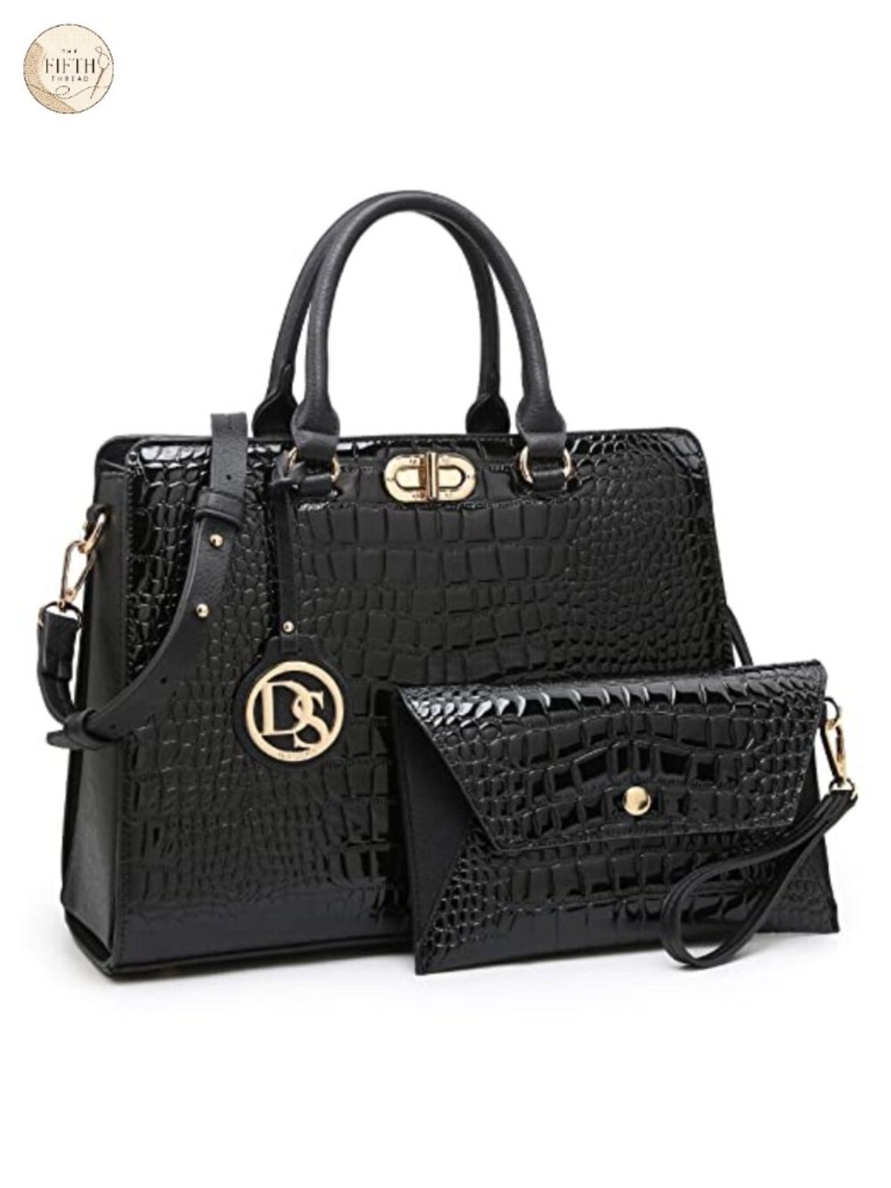 Satchel Tote Handbag with Matching Clutch Vegan Leather Croco Print